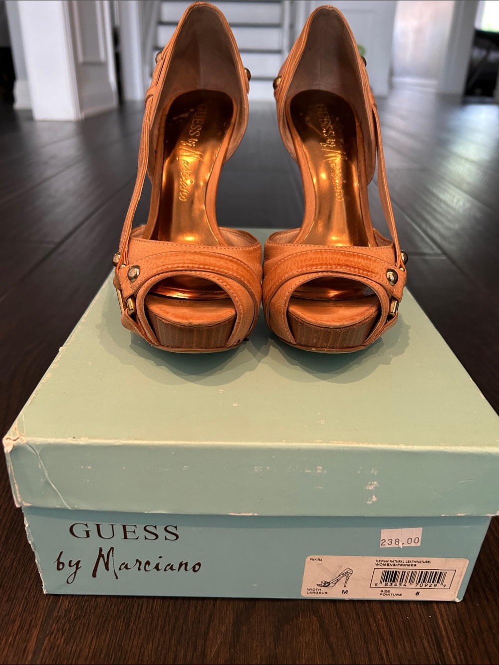 Guess by Marciano Cognac Peep-Toe Platform Heels